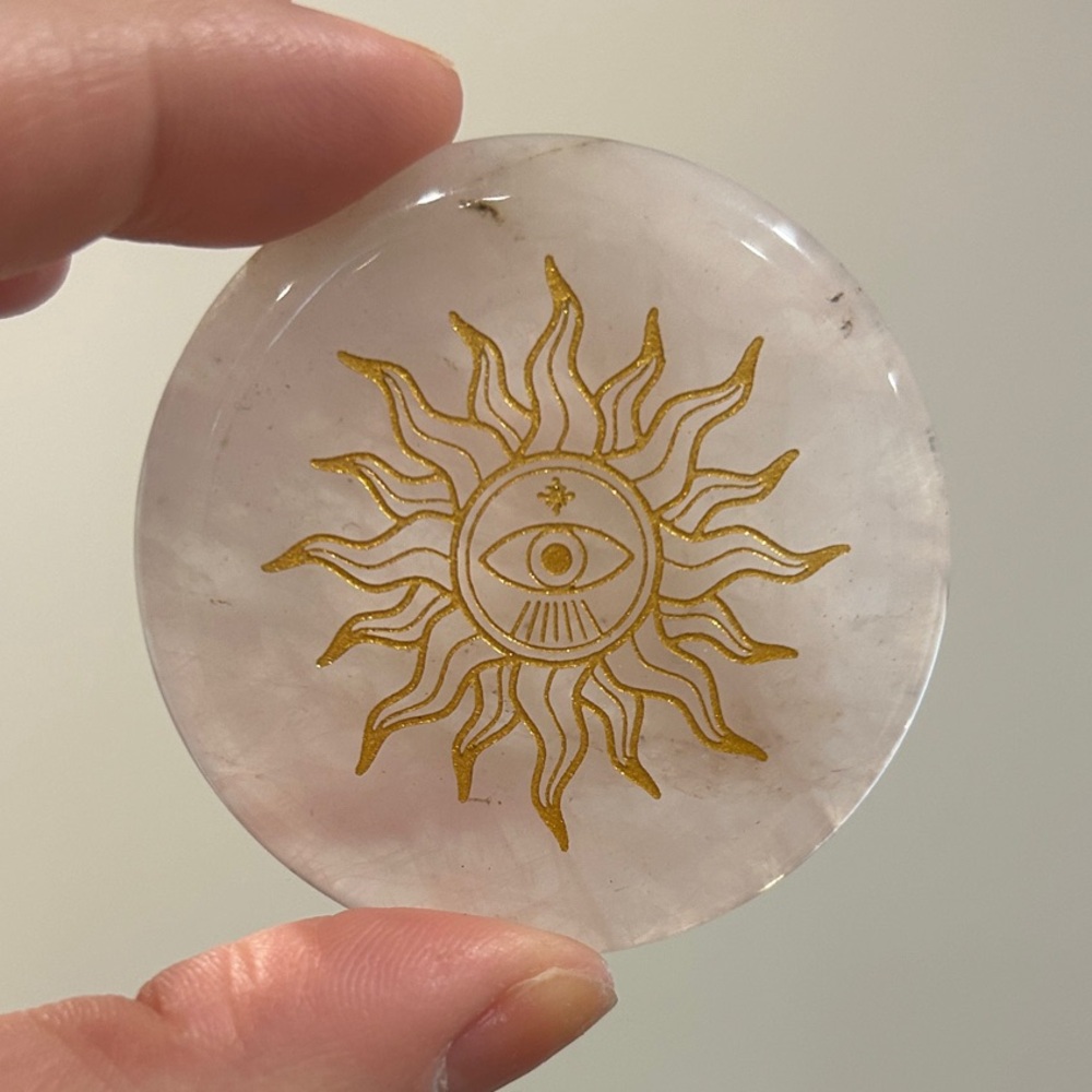 Crystal Rose Quartz Sun Eye Decorative Palm Stone - Gold Design